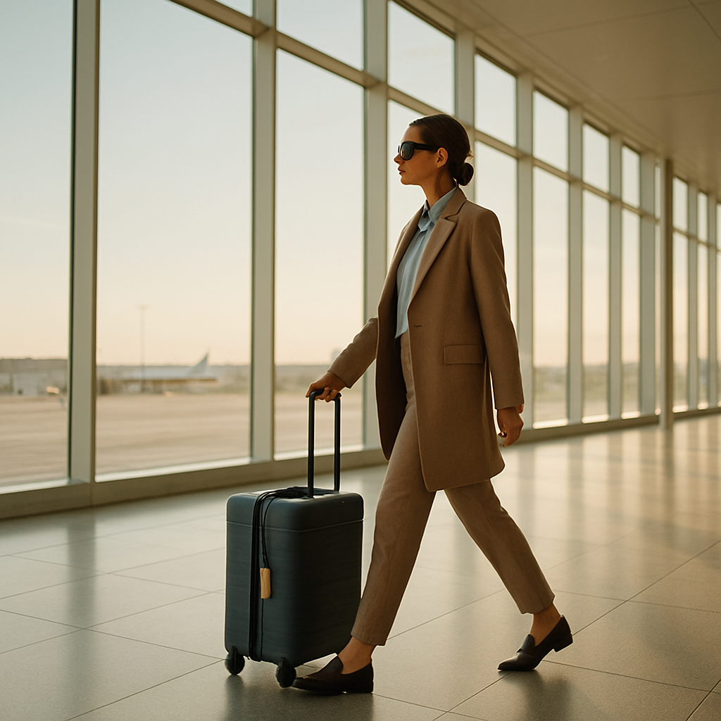 Voyageuse traversant un terminal d'aéroport lumineux avec une valise élégante